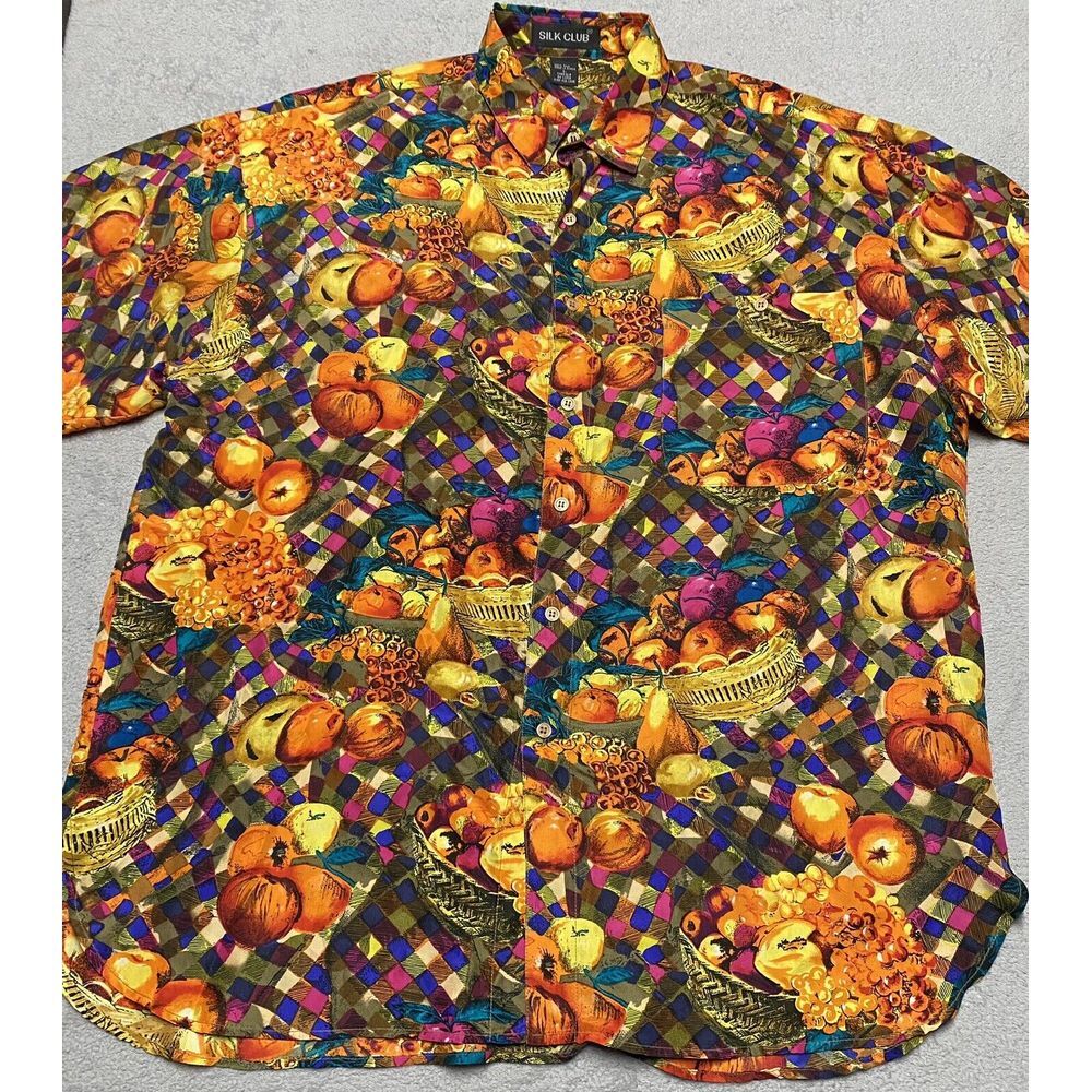Vintage Silk Shirt Mens Large Fruit All Over Print Party Fruit Basket 90s Button